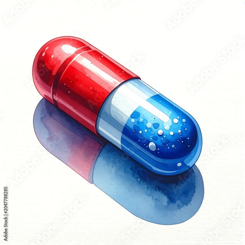 A red and blue capsule with a shiny surface and bubbles inside