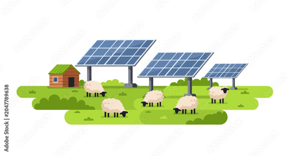 Naklejka premium Agrivoltaics Illustration with Solar Panels and Sheep Grazing on a Green Meadow. Sustainable Energy and Eco-Friendly Agriculture Concept for Renewable Power.