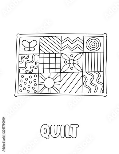 Letter Q. Quilt. Learning ABC coloring page for kids. Black and white hand drawn vector illustration for children. Cute outline drawing and text for coloring. Preschool, kindergarten activity
