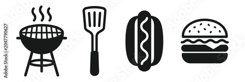 Cuadro en lienzo Barbecue icons set grill spatula hot dog and hamburger vector illustration