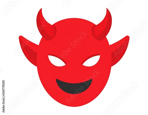 A red cartoon devil face with horns, pointy ears, and a wide smile