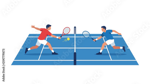 Foto Tennis Match Illustration: Two Men Playing Tennis on a Blue Court