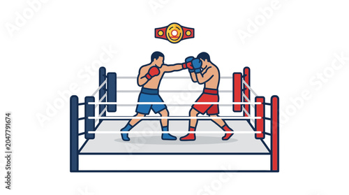 Foto Two boxers fighting in a ring with championship belt above, vector illustration