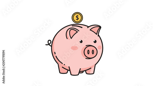 Cute pink piggy bank with a golden dollar coin being deposited symbolizing savings and financial planning.