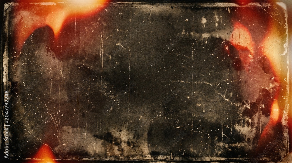 Naklejka premium Film border overlay displays intense orange light leaks and a heavily scratched surface for authentic retro effects.