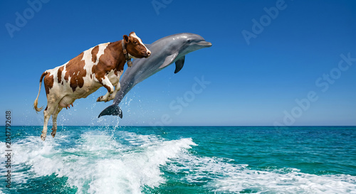 Funny surreal concept of a brown and white cow leaping out of the ocean alongside a jumping dolphin for playful advertising designs