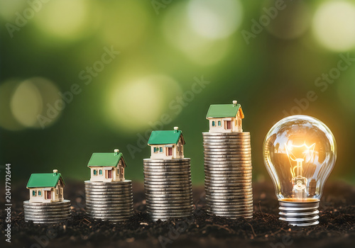 Miniature houses on stacked coins with light bulb on soil with green bokeh background
