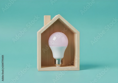Wooden house shape with light bulb inside on teal background
