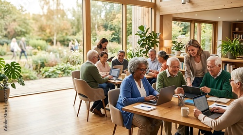 Senior adults learning technology skills in a bright community center