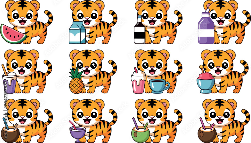 Obraz premium Cute Cartoon Tiger Cub Mascot Character Set Featuring Festive Tropical Fruit Snacks Drinks Coffee Milk and Shaved Ice for Children Sticker Layout Designs