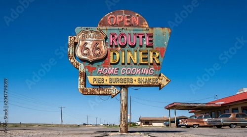 Iconic Route 66 Diner Sign Featuring Route 66 and Diner Menu with Pies, Burgers, and Shakes
