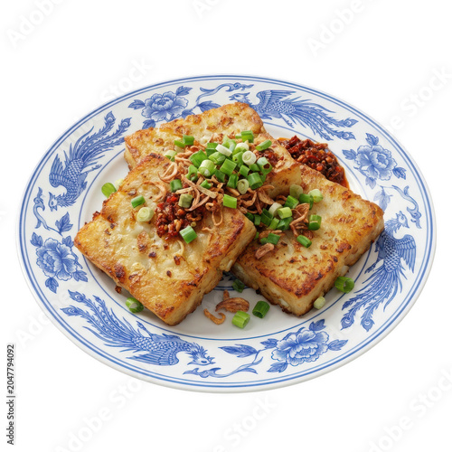 Crispy Radish Cakes Garnished with Scallions and Chili isolated on transparent background