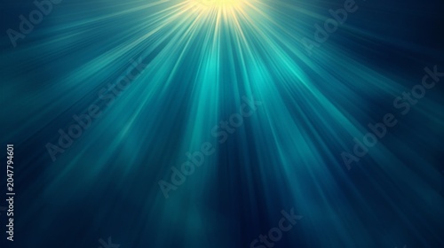 Radiant sunbeams pierce deep ocean waters. Cool blues swirl around bright, golden rays. Distant light suggests mystery, depth, or calm. Ideal for spiritual, tranquil, or exploratory scenes