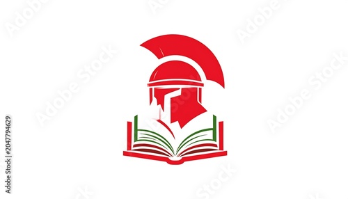 A red graphic of a gladiator's helmet on an open book