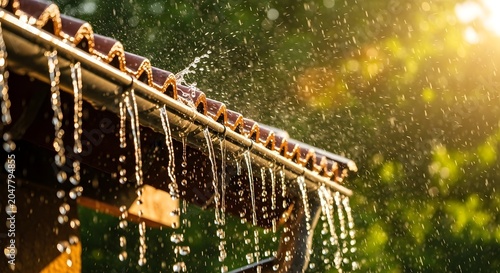 Refreshing Rain Shower Falling from House Roof Eaves and Gutter, Illuminated by Bright Golden Sunlight