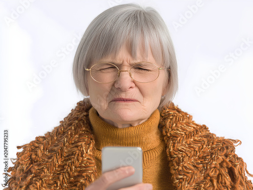 Elderly person with elegant posture holding a smartphone with both hands, squinting slightly, minimalist outfit, thin golden rim glasses catching light--warm tones on a clean white backdrop