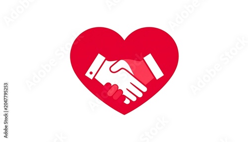 A red heart with a white handshake inside