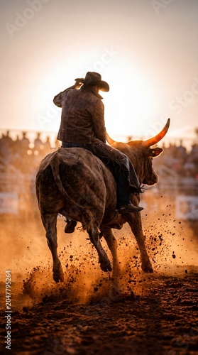 Dynamic silhouette of rodeo rider on bucking bull in dusty arena at sunset