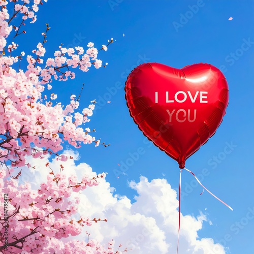 A red heart-shaped balloon with a sweet message floats near pink blossoms