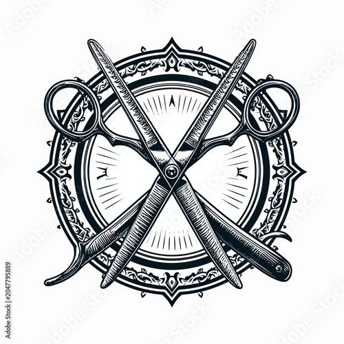 Tableau sur toile Barber shop emblem with crossed scissors and straight razors.