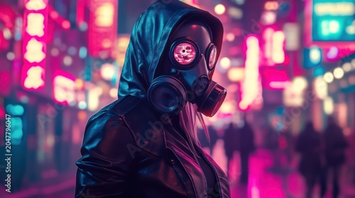 Person in gas mask in a neon lit urban environment