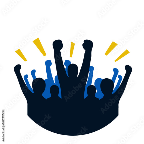 Silhouetted crowd celebrating success with raised arms and energetic sparks.
