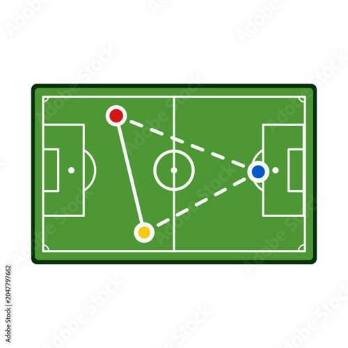 Soccer field with strategic player positions and passing routes diagram.