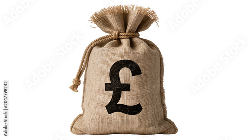 Foto Burlap money bag with pound sterling symbol, isolated on transparent background