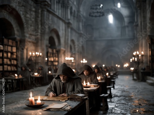 Monks writing manuscripts in a dimly lit monastery hall