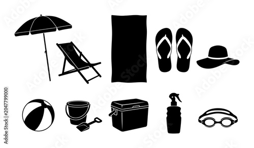Collection of beach vacation silhouettes featuring umbrella deck chair towel flip flops sun hat beach ball bucket cooler sunscreen and swim goggles