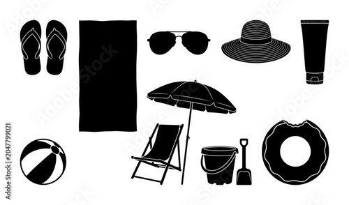 Collection of beach accessory silhouettes with flip flops towel sunglasses sun hat sunscreen umbrella ball chair bucket and swim ring