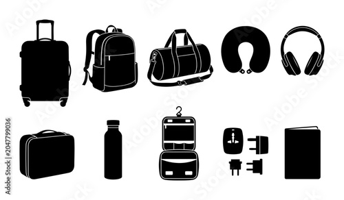 Collection of airport travel silhouettes featuring suitcase backpack duffel bag neck pillow headphones small case bottle toiletry bag plugs and passport