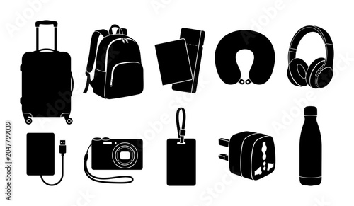 Collection of travel accessory silhouettes featuring rolling suitcase backpack tickets neck pillow headphones charger camera luggage tag adapter and water bottle