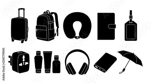 Collection of trip essential silhouettes showing suitcase backpack neck pillow passport wallet luggage tag travel bottles headphones power bank and umbrella