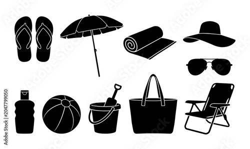 Collection of seaside holiday silhouettes featuring flip flops beach umbrella rolled mat sun hat sunglasses bottle beach ball bucket tote bag and folding chair