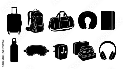Collection of travel comfort silhouettes with suitcase backpack duffel bag neck pillow notebook bottle sleep mask toiletry bag packing cubes and headphones