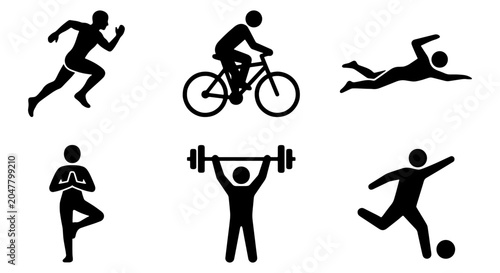 Foto Six Silhouette Sports Icons: Running, Cycling, Swimming, Yoga, Weightlifting, Soccer