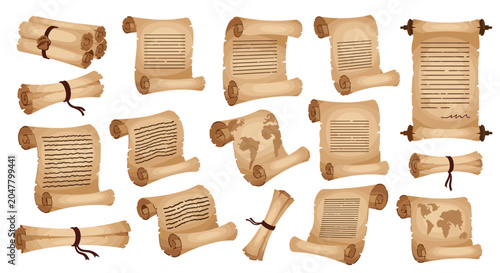 Collection of vintage parchment paper scrolls featuring ancient text, wax seals, and world map illustrations for historical themed designs.