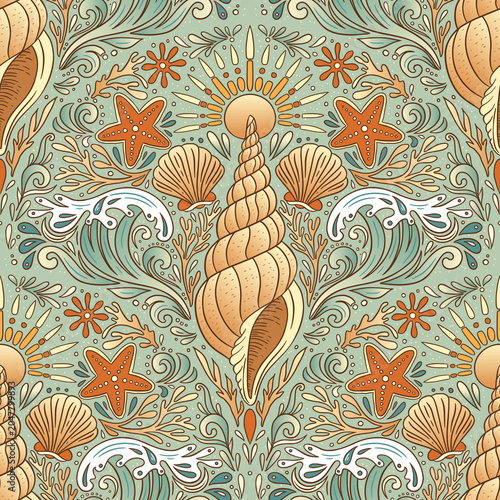 Vintage Boho Shell Seamless Pattern Starfish Wave Sun Seashell Coastal Intricate Sea Summer Background