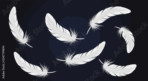 Group of soft white bird feathers gracefully floating and falling against a dark blue artistic textured background.
