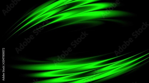 Abstract neon green light waves flowing against a dark background. Dynamic digital energy motion streak pattern frame on black background
