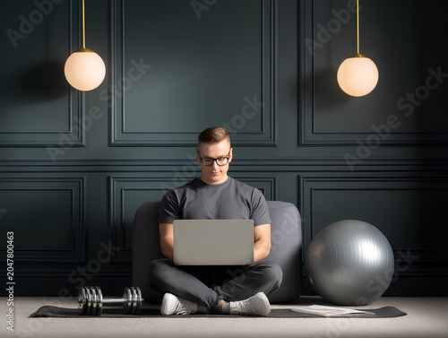 A young professional typing on a laptop beside dumbbells and a yoga mat in a sleek corporate lounge.