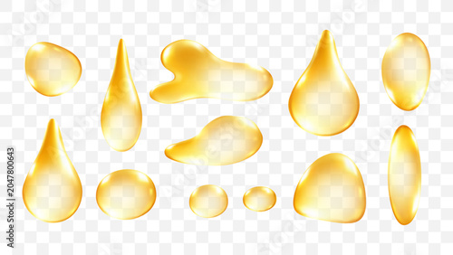 Canvastavla Golden Liquid Drops 3d Set Realistic Honey Oil drop Serum Glossy Vector Element