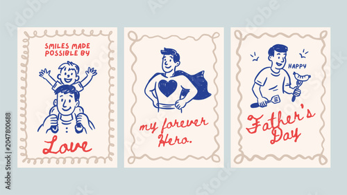 Happy Father's Day Dad Greeting Doodle Vintage Sketch Card Set. Holiday Vector Chalk Poster Superhero Dad, Barbecue Moment, and Family Love from Son or Daughter