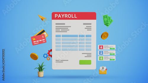 AI Payroll System. Salary Data, Payroll Cycle, Budgeting Graphs, Salary Slip. Digital Finance Management Concept. Payroll, Salary Slip. 3D Illustration