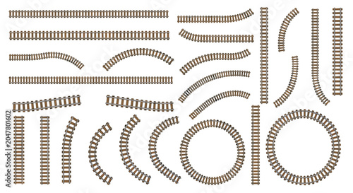 Set of various train track segments with straight and curved rails for building customized railway paths on a white background.