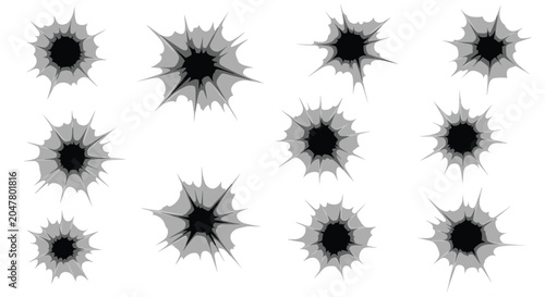 Set of bullet hole impacts and shattered glass effects on a white background for action scenes, crime themes, or target practice design.