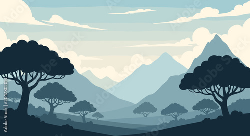 Scenic landscape illustration featuring silhouettes of mountain ranges and savanna trees under a vast, layered morning sky.