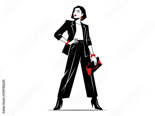 Valokuva Fashionable woman in black pantsuit holding red handbag elegant line art vector