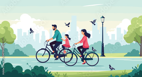 Happy family consisting of a father, mother, and daughter enjoying a sunny day while riding bicycles through a city park.